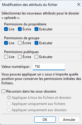 Capture d'écran de FileZilla montrant la configuration des permissions pour restreindre l'accès aux dossiers sensibles